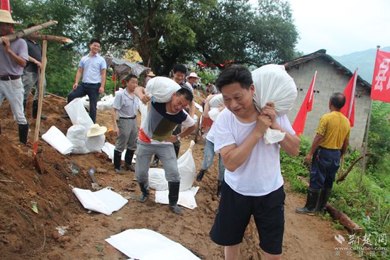 2016年，王三元（前排右一）与县政协机关干部一起在沙畈河村抗洪抢险_副本.jpg
