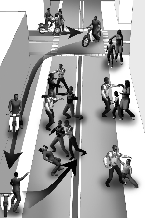 事发过程示意图李明权妻子被打。李明权见妻子被打,回去拉架。李明权女儿被人砍伤右手。